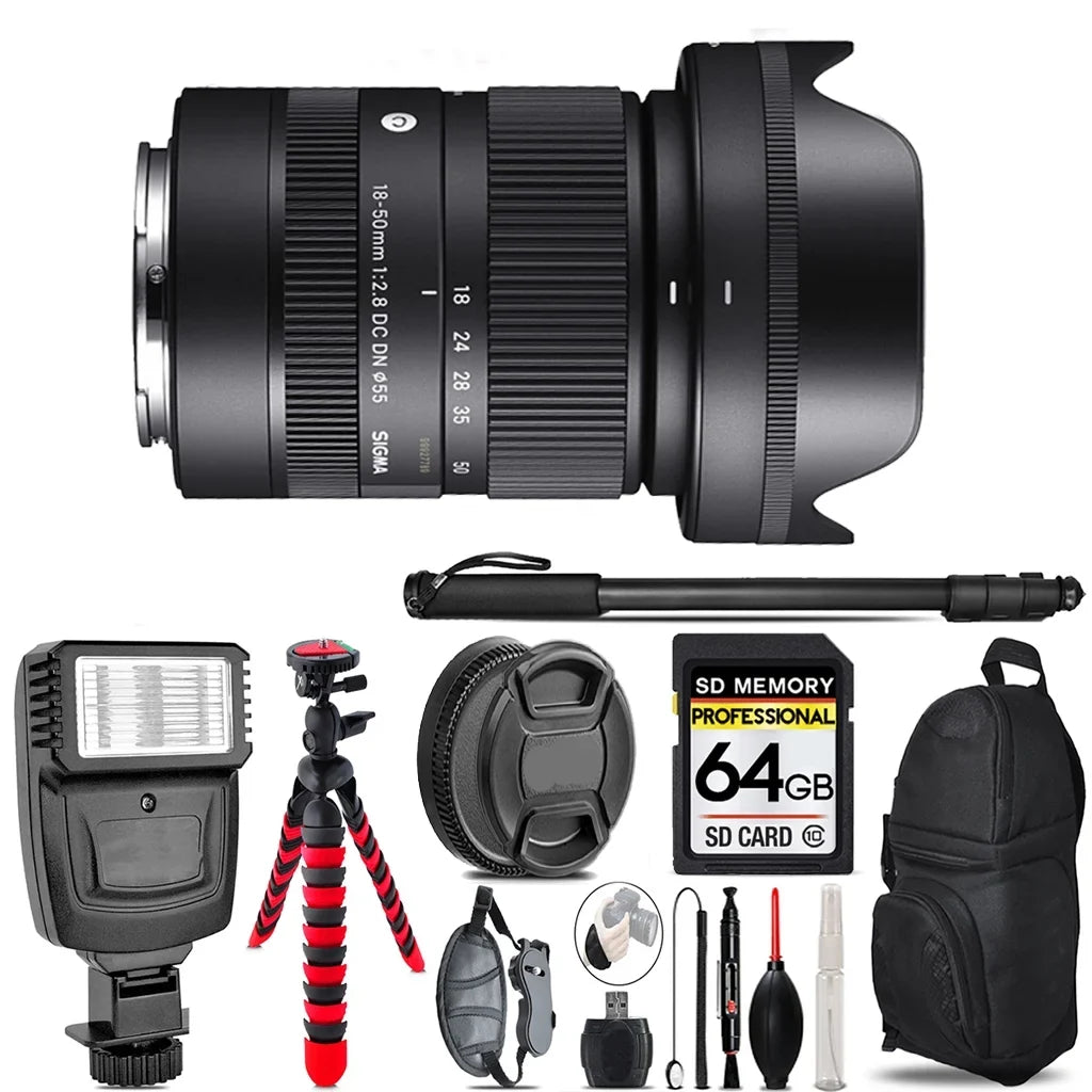 Sigma 18-50mm f/2.8   Contemporary Lens for Sony E - Video Kit +  Flash - 64GB Accessory Bundle