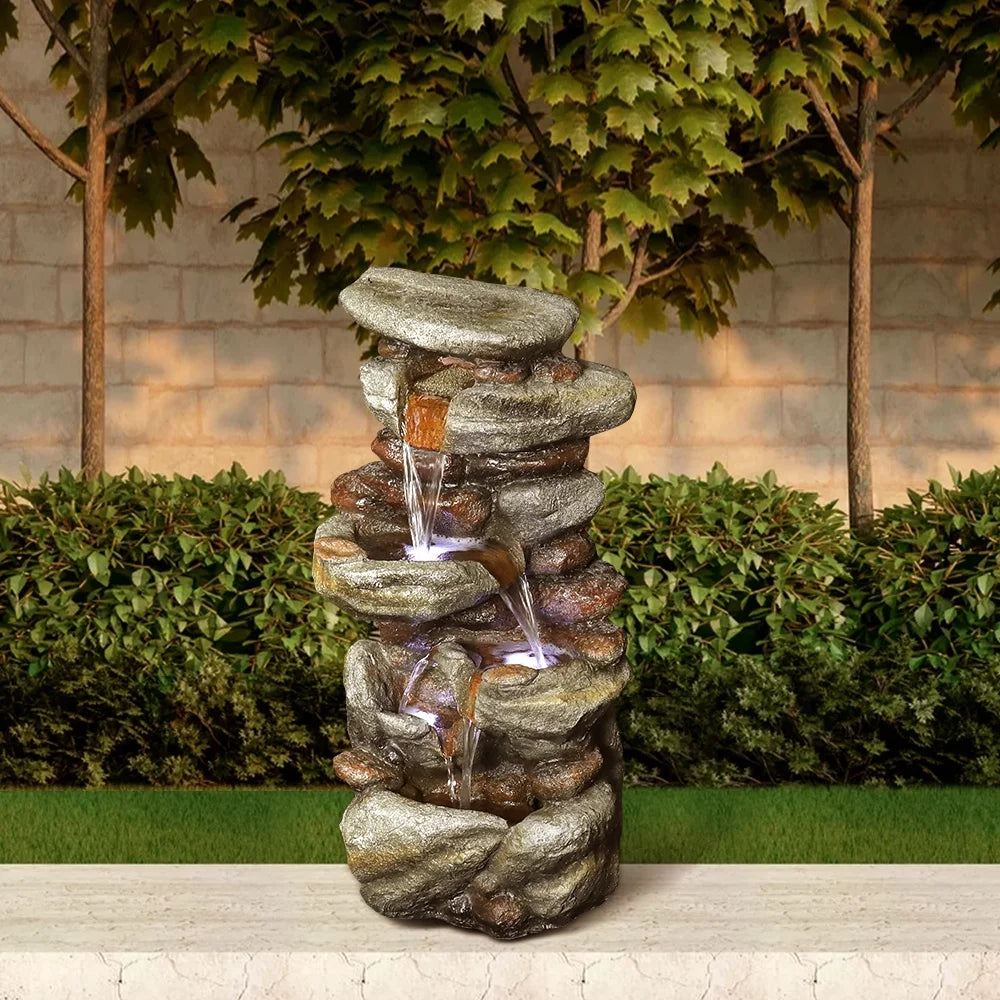 30-inch High Outdoor Water Fountain with  Lights - Cascading Water Feature for Home, Garden, Patio and Deck Decor