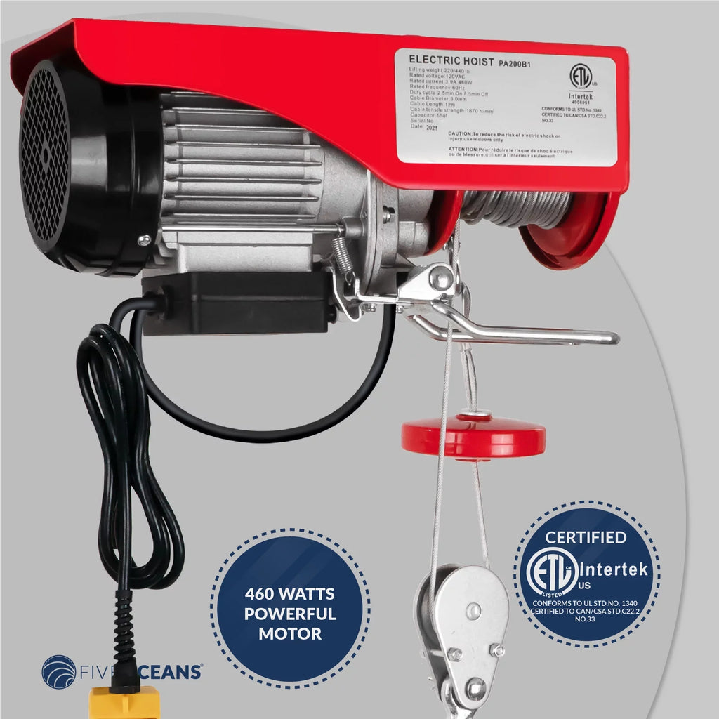 Five Oceans Electric Hoist, Hoist Pulley System, Pulley Hoist, 440 Lb Electric Winch 20FT Remote Control 120 V, Includes Working Gloves for Garage, Factory Lifting Emergency Stop Button - FO3780-C1