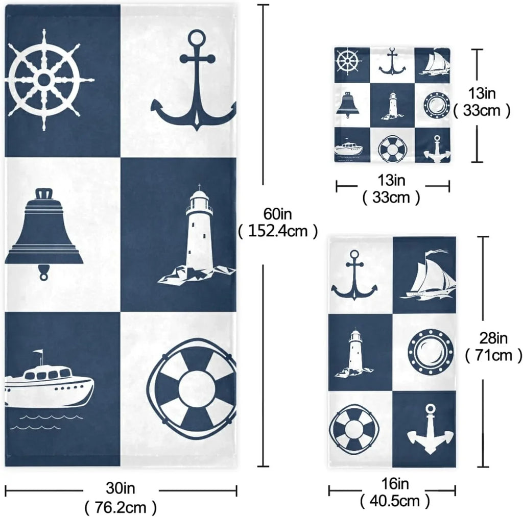 Bath Towel Sets for Bathroom Hand Towels Fingertip Towels Sailing Vessel Anchor Lighthouse Checked 3 Piece Decorative Soft Cotton Absorbent