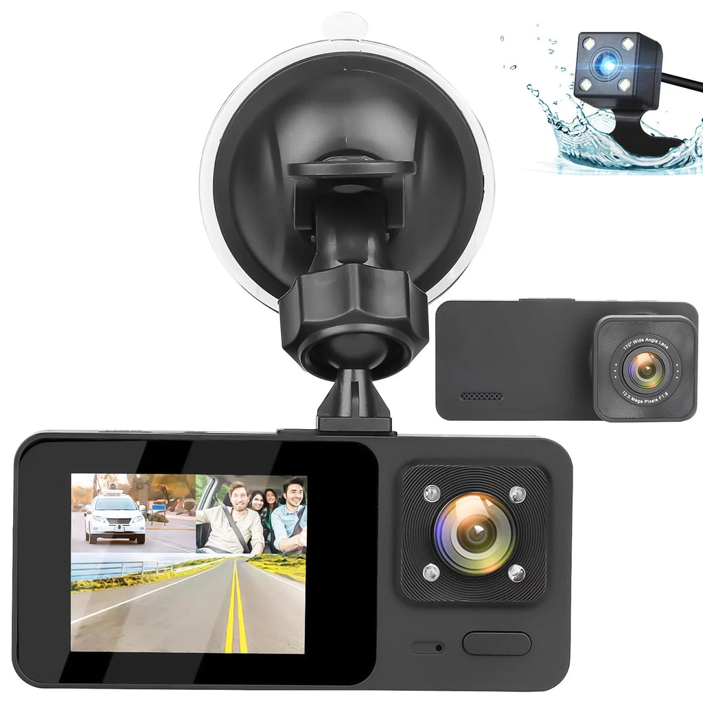 3 Channel Dash Cam,  1080P  Dash Backup Camera with Night Vision, G-Sensor, Parking Monitor, Loop Recording - Black