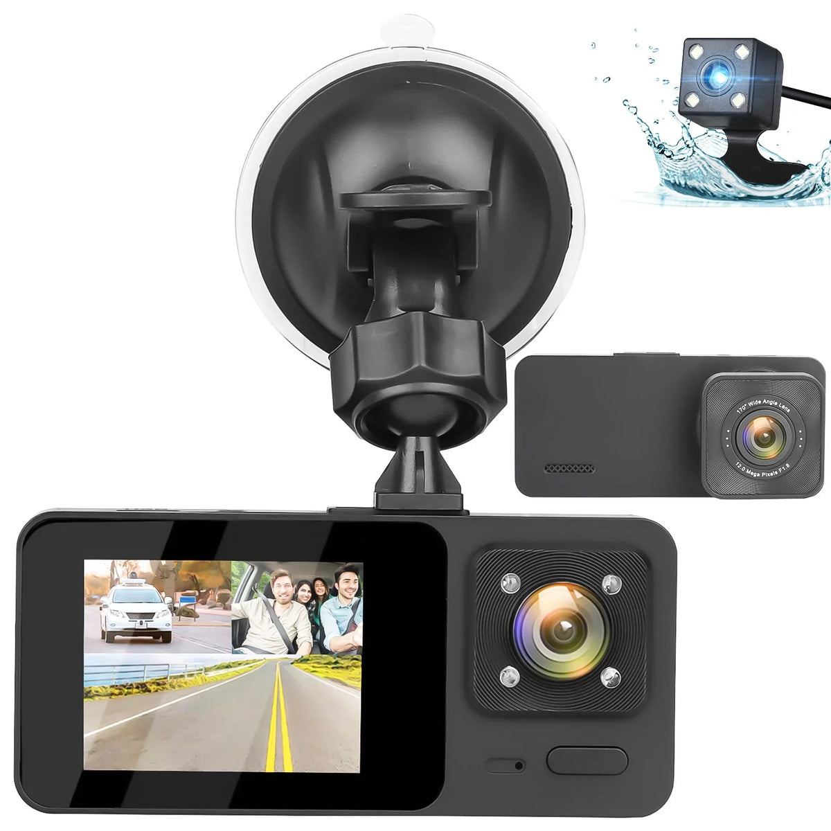 3 Channel Dash Cam,  1080P  Dash Backup Camera with Night Vision, G-Sensor, Parking Monitor, Loop Recording - Black