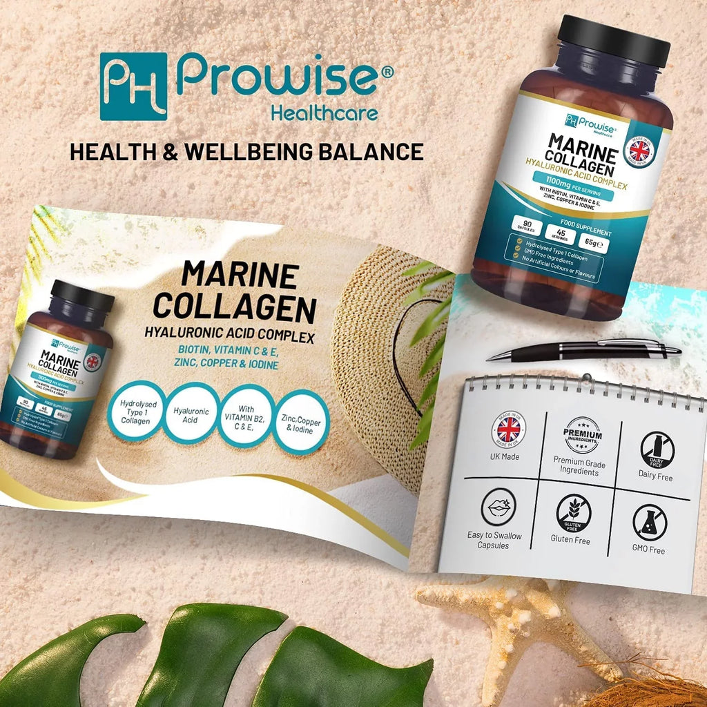 Marine Collagen with Hyaluronic Acid 1100mg - 90 Capsules Boosted with Hyaluronic Acid, Vitamins C, E, B2, Biotin, Copper, Zinc and Iodine | for Women and Men | Made in The  by Prowise Healthcare