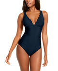 Womens Ruffle Solid Shirred One Piece Swimsuit