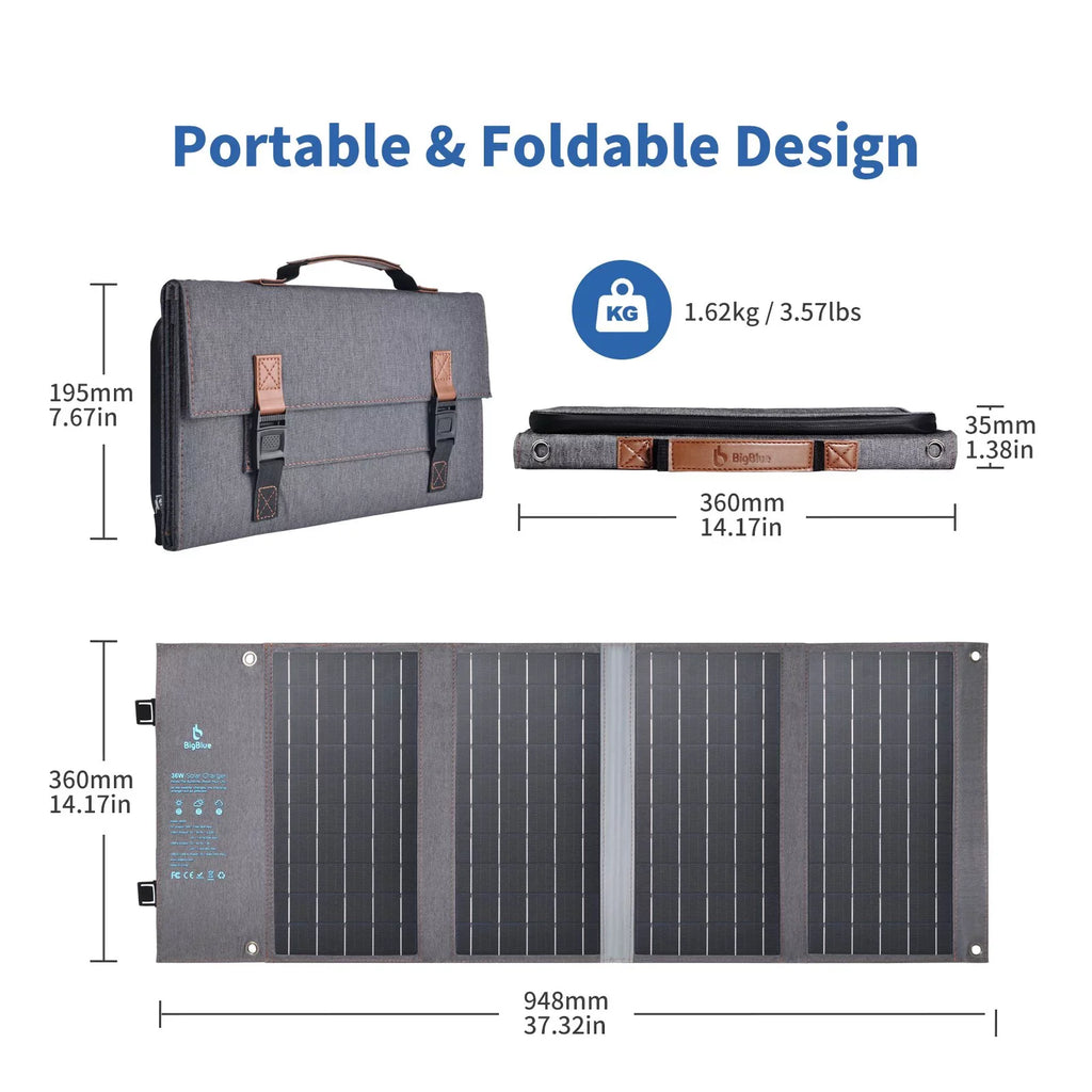 BigBlue 36W Solar Phone Charger with (20V/1.8A),  20W -C and Fast Charge -A, IP54 Waterproof, Portable SunPower Solar Panel for Camping