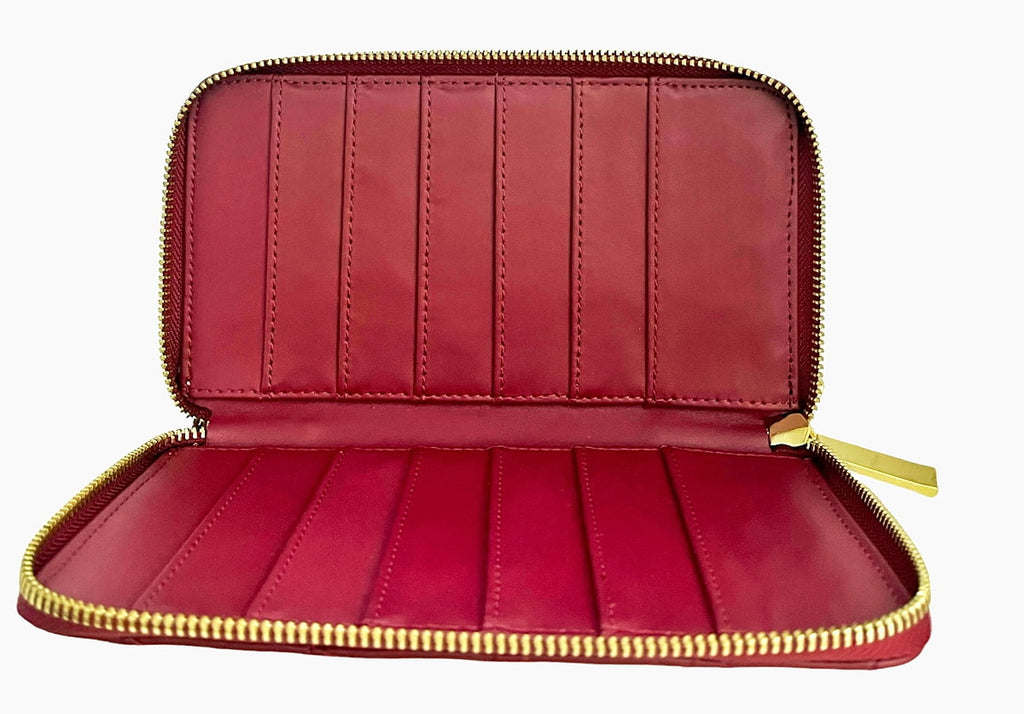 &  Leather  Quilted Wallet with 2 Wrap-Around Zippers  ~ Burgundy