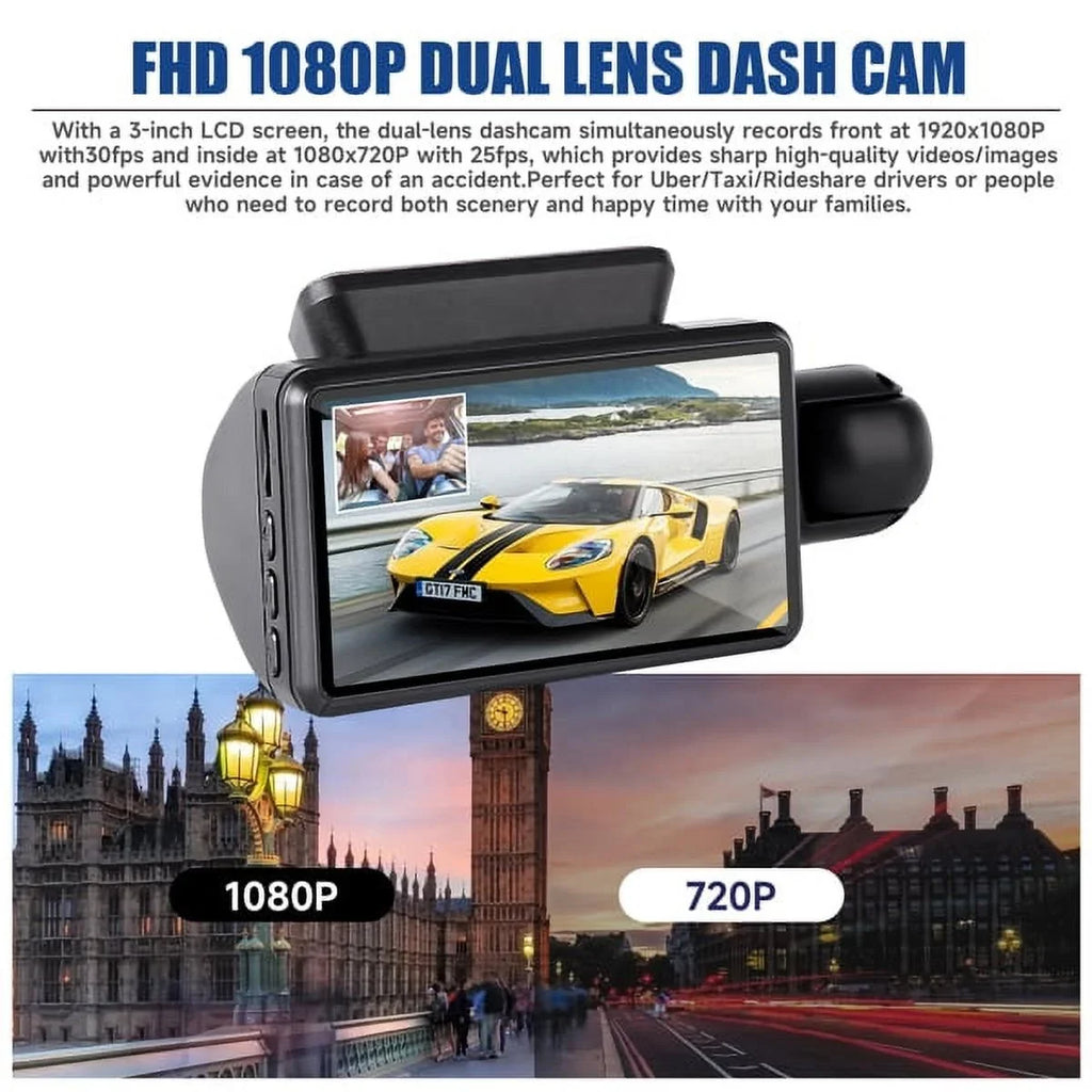 1080P Dash Cam Night Vision Dash Camera Front and Rear 170° Wide Angle Loop Recording