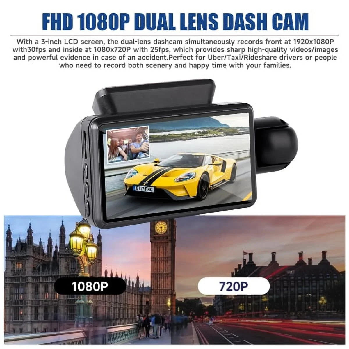 1080P Dash Cam Night Vision Dash Camera Front and Rear 170° Wide Angle Loop Recording