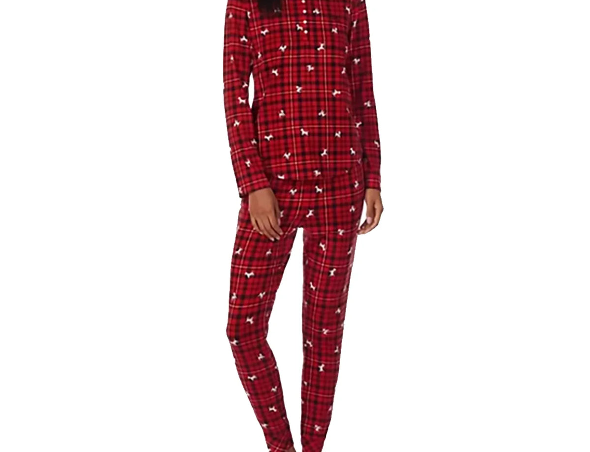Lauren Ralph Lauren Women’s Brushed Knit Henley Pajama Set Dog, Red Plaid, X-Small