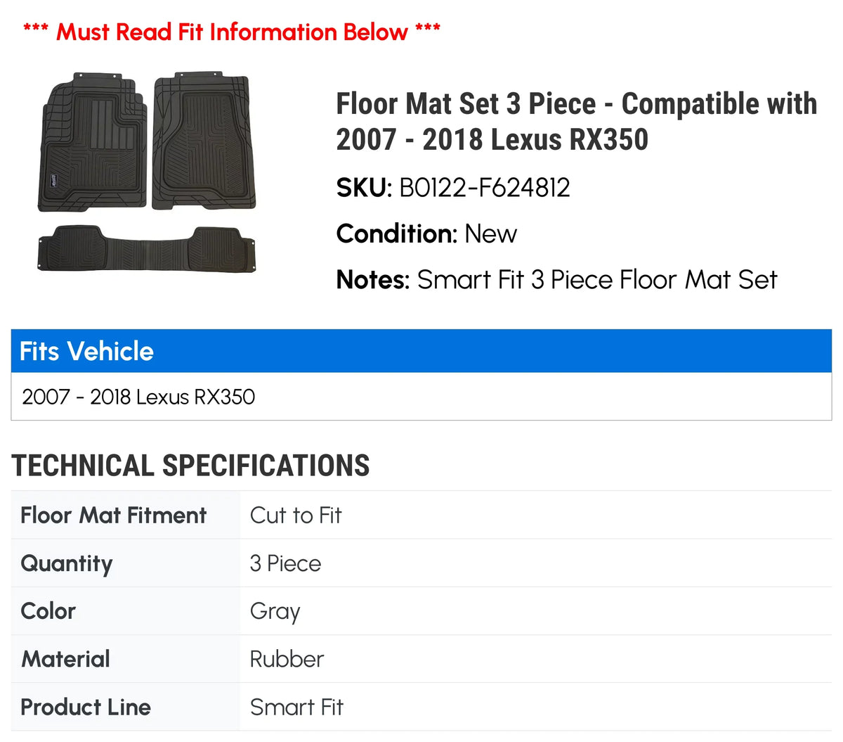 Floor Mat Set 3 Piece - Compatible with 2007 - 2018 RX350 2008 2009 2010 2011 2012 2013 2014 2015 2016 2017