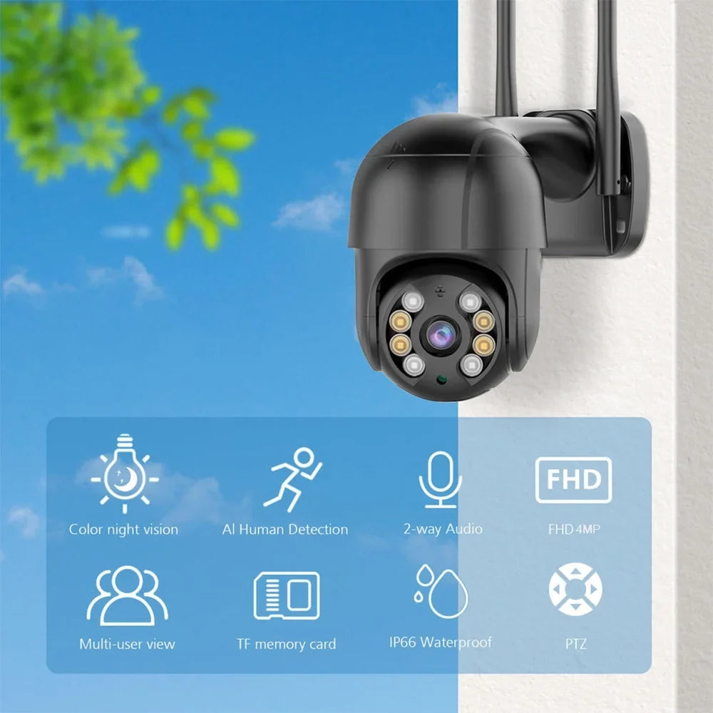 Security Camera Wireless Outdoor, 4MP Pan/Tilt 2.4G Wifi  Surveillance Cameras with Motion Detection and Siren, 2-Way Audio, Full Color Night Vision, for Multi-Platform