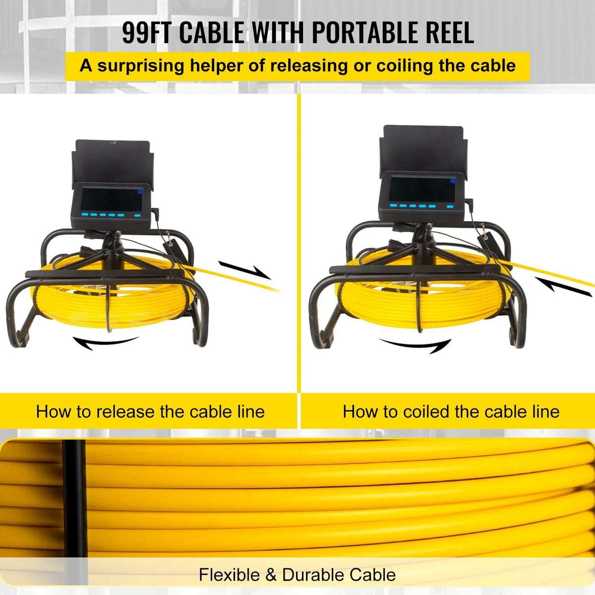 Sewer Camera - 98.4  Cable, 4.3 Inch  Monitor, Waterproof IP68, 6 LEDs, 8500mAh Battery,  Function, 30M Pipeline Inspection Camera