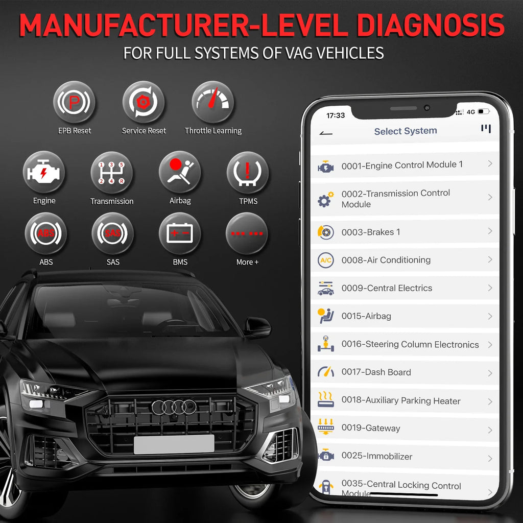 Ancel BD500 Wireless Car Scanner Fits for  Audi Skoda Seat  Vehicles Bluetooth OBD2 Scanner Code Reader Check All Systems Oil Reset  Reset Throttle Learning Automotive Diagnostic Scan Tool