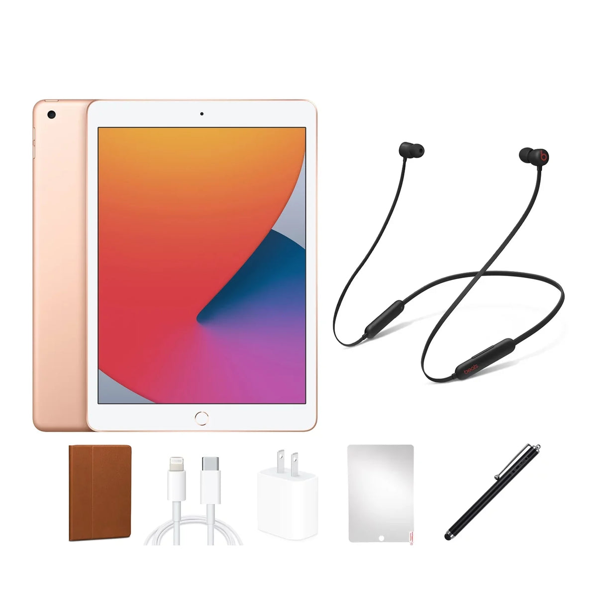 Refurbished Apple iPad 8 (8th Gen, 2020) 32GB, Gold, Wi-Fi only, Beats Bundle.  : iPad Beats Flex Headphones, Case, Screen Protector, stylus pen, charging accessories.