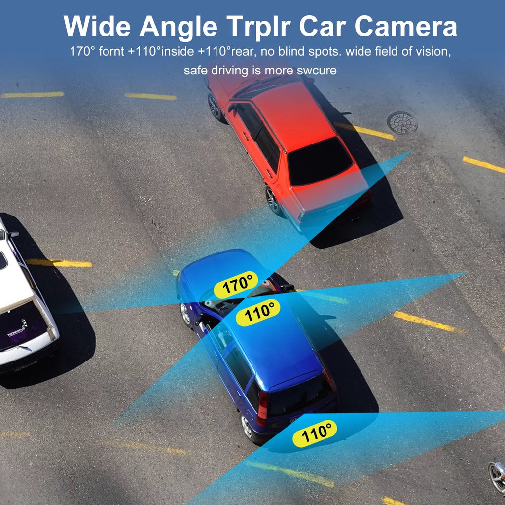 3 Channel Dash Cam,  1080P  Dash Backup Camera with Night Vision, G-Sensor, Parking Monitor, Loop Recording - Black