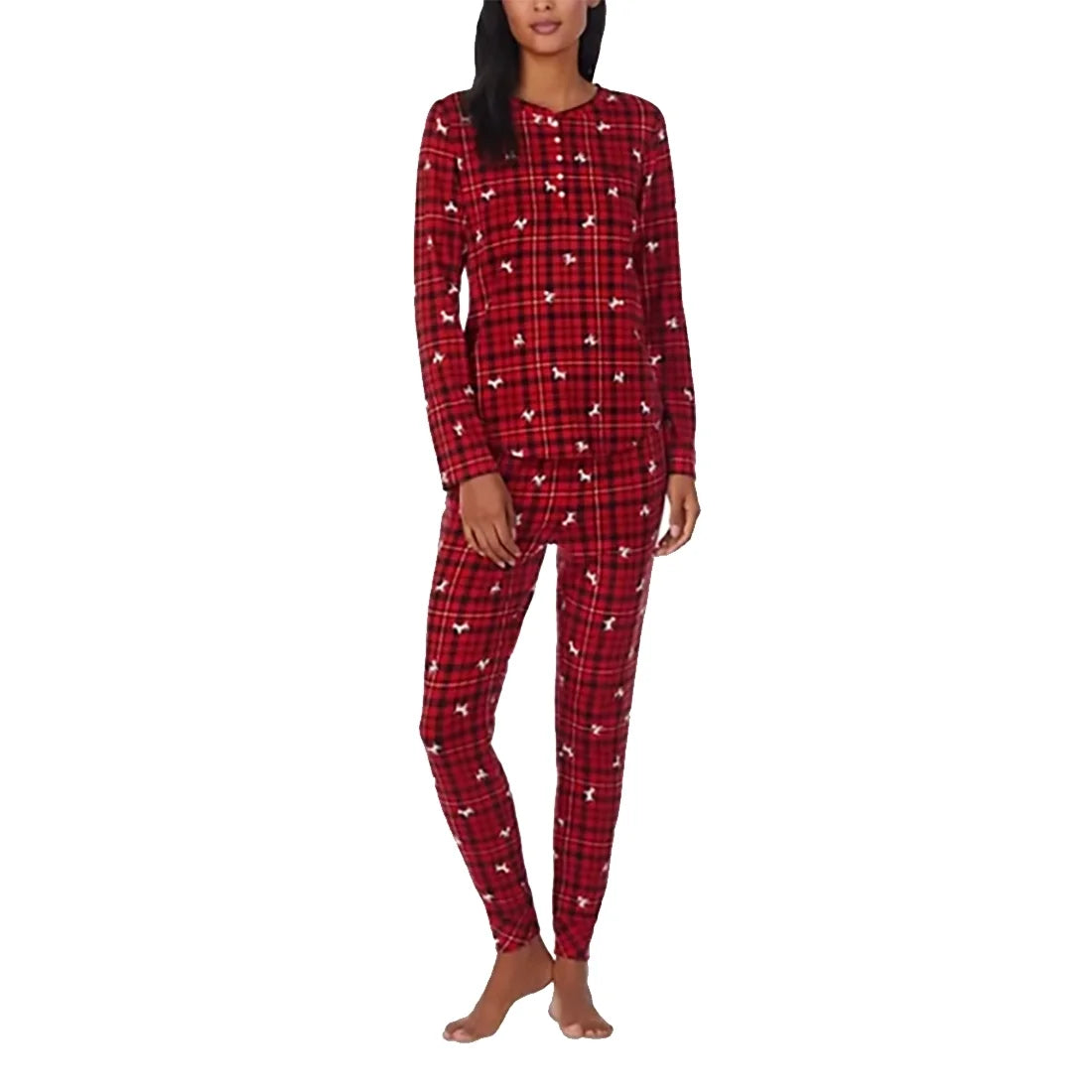 Lauren Ralph Lauren Women’s Brushed Knit Henley Pajama Set Dog, Red Plaid, X-Small