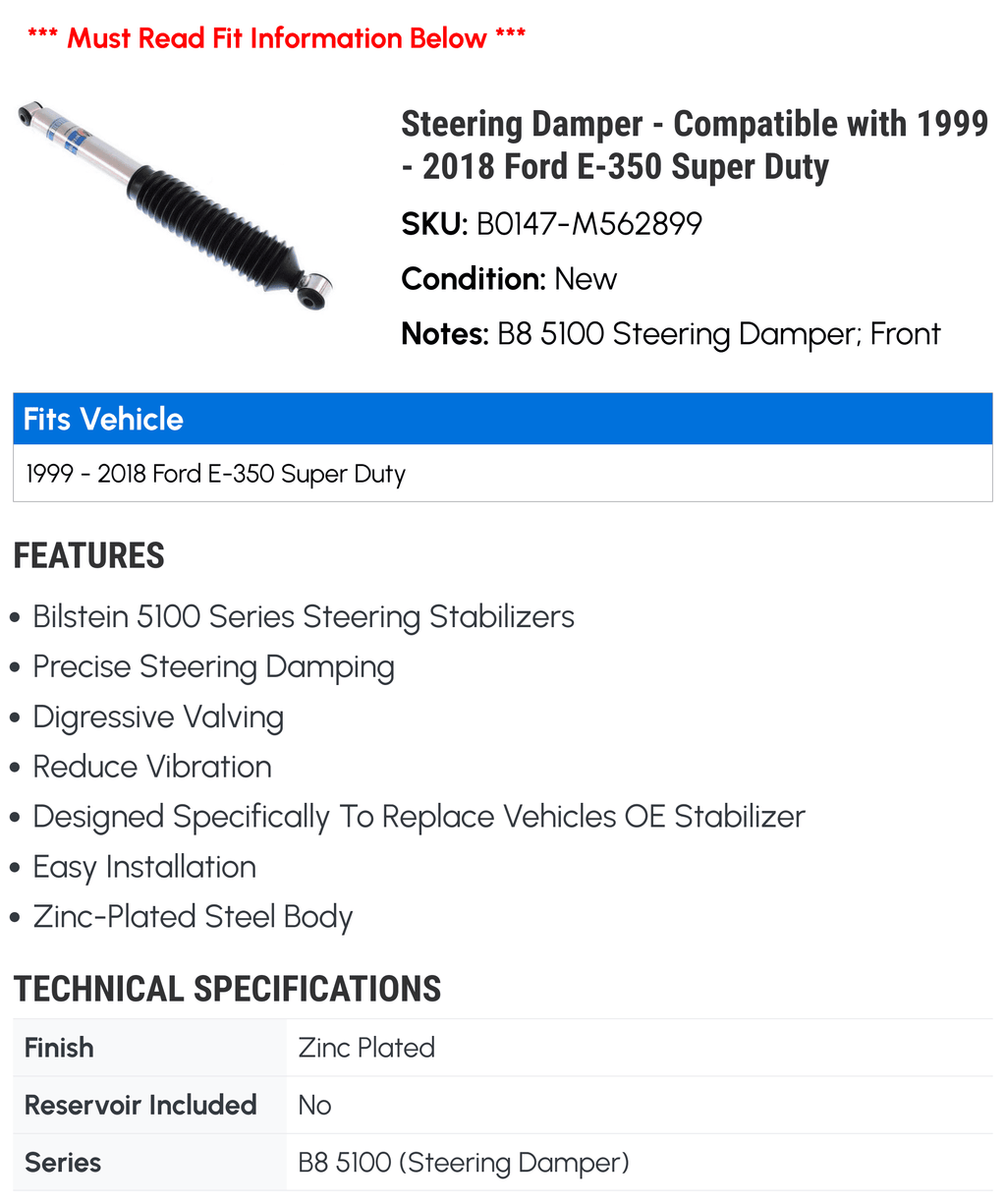 Steering Damper - Compatible with 1999 - 2018 Ford E-350 Super Duty 2000 2001 2002 2003 2004 2005 2006 2007 2008 2009 2010 2011 2012 2013 2014 2015 2016 2017