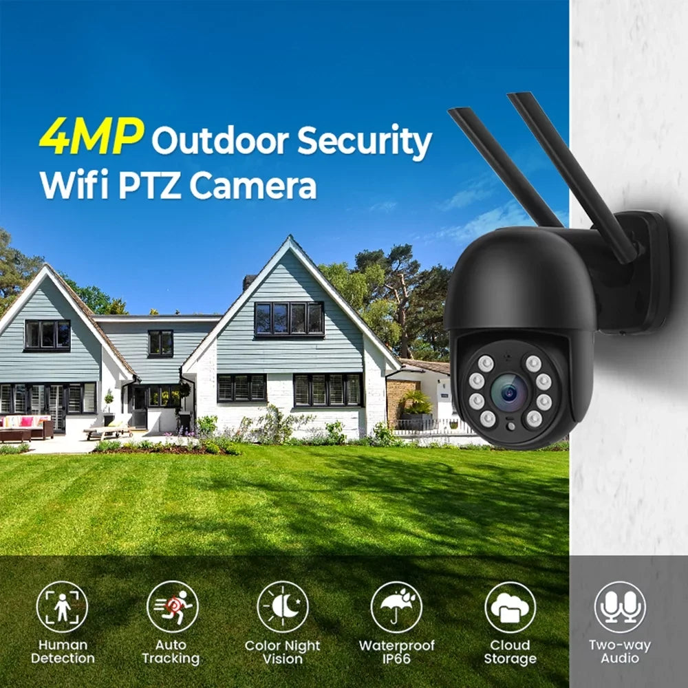 Security Camera Wireless Outdoor, 4MP Pan/Tilt 2.4G Wifi  Surveillance Cameras with Motion Detection and Siren, 2-Way Audio, Full Color Night Vision, for Multi-Platform