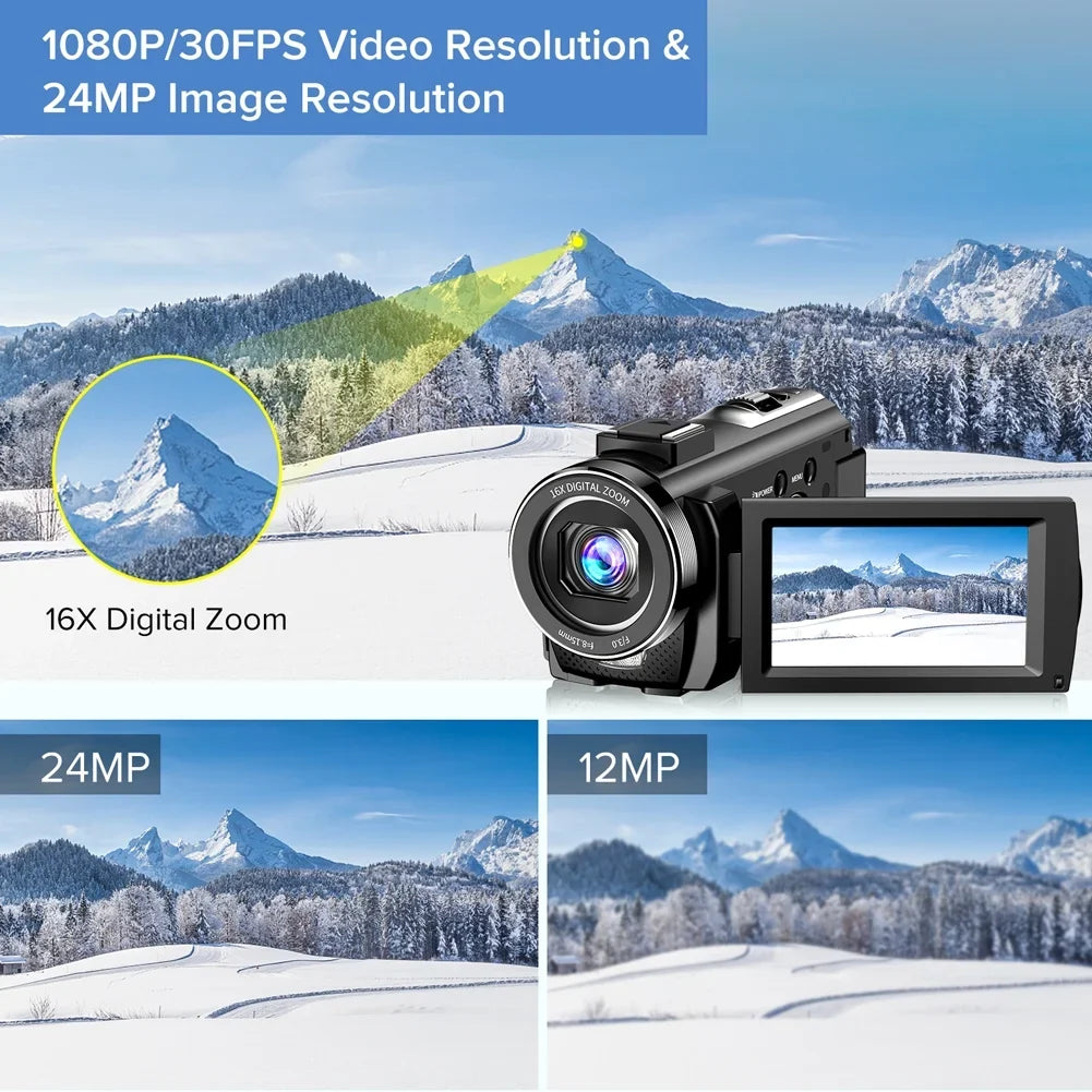 Video Camera Camcorder YouTube Vlogging Camera  1080P 30FPS 24MP 16X Digital Zoom 3"  270 Degrees Rotatable Screen Digital Camera Recorder with Microphone,Remote Control,2 Batteries