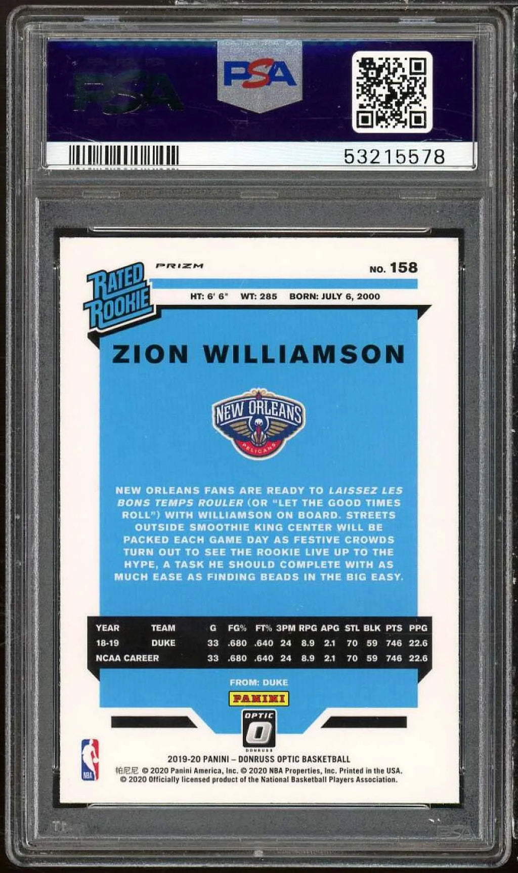 Zion Williamson Rookie Card 2019-20 Panini Donruss Optic Purple Shock #158  9