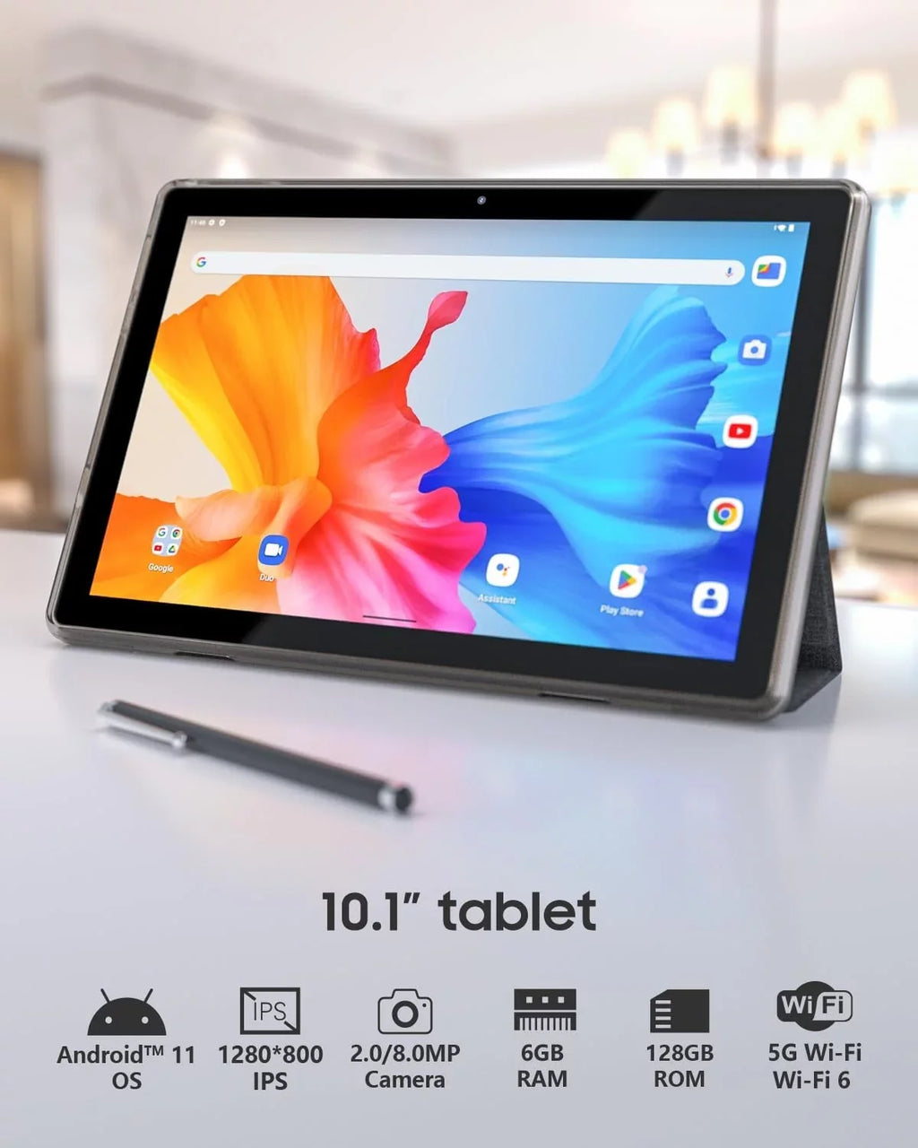 10 Inch Android 11 Tablet , 6GB  128GB /1TB Expandable Computer Tablets,  5G Wi-Fi 6 Quad Core Tableta,   Touch Screen, 8MP Camera, Google  Certified Tablets with Leather Case(Black)
