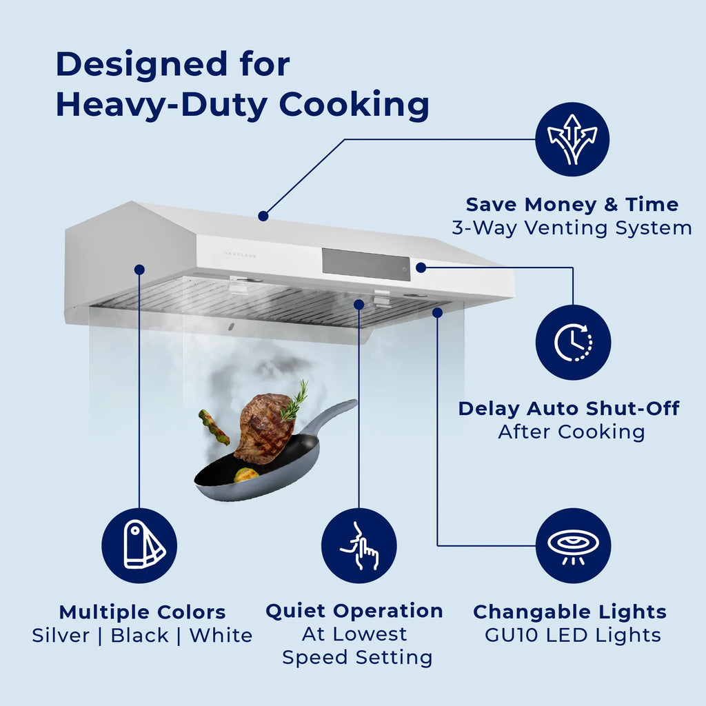 Hauslane | Chef Series | PS18 30" Under Cabinet Range Hood, Stainless Steel Contemporary Modern Design 860 , Touch Screen w/Digital Clock, Dishwasher Safe Baffle Filters,  Lamps, 3-Way Venting