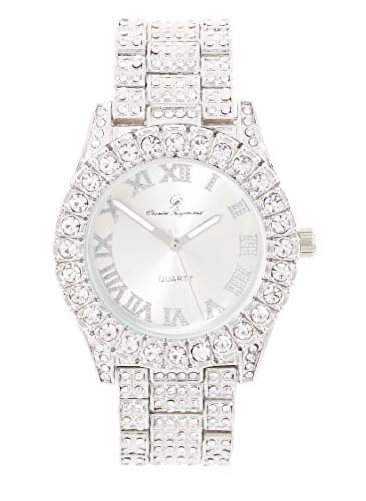 Charles Raymond Mens Silver Hip Hop Big Rocks with Roman Numerals Fully Iced Out Colorful Dial Blinged Out Wristwatch - ST10327  Single (Shiny Silver)