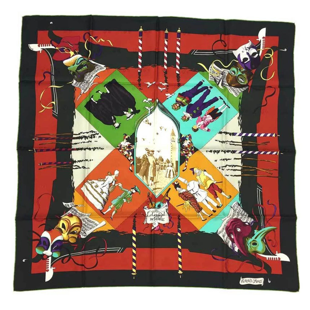 Pre-Owned  Carre 90 Scarf Muffler     Venice Carnival Moss Green x Orange Hermes Silk aq7392 (Like New)