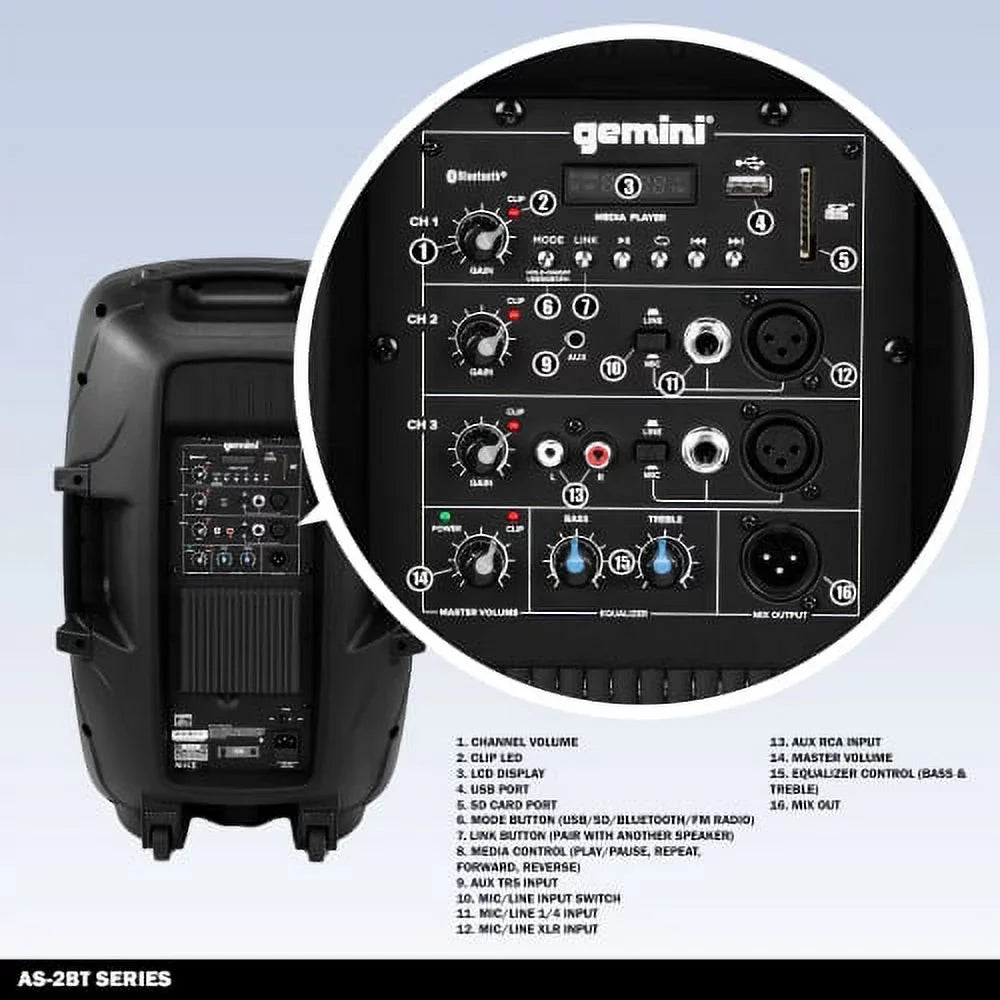 Gemini Sound -2112BT New Pro Bluetooth 12" Inch 1500 Watts Active  System  Speaker