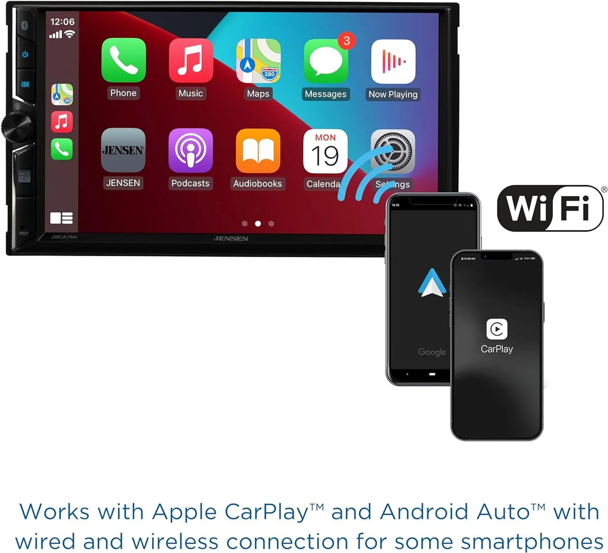 Jensen J3CA7W 7-inch Certified Apple CarPlay Android Auto, Wired or Wireless, Double  Car Stereo Radio, New
