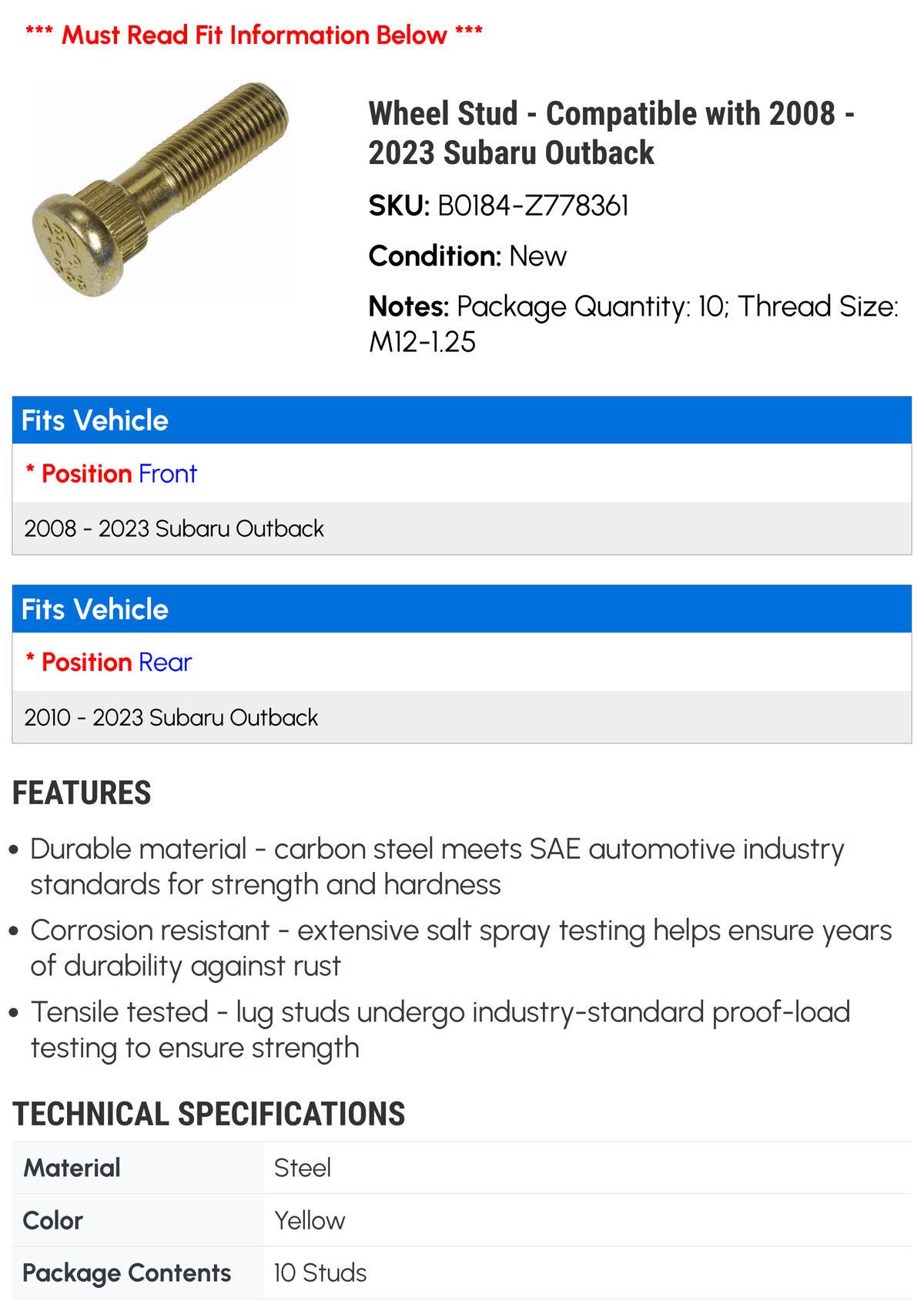 Wheel Stud - Compatible with 2008 - 2023 Subaru Outback 2009 2010 2011 2012 2013 2014 2015 2016 2017 2018 2019 2020 2021 2022