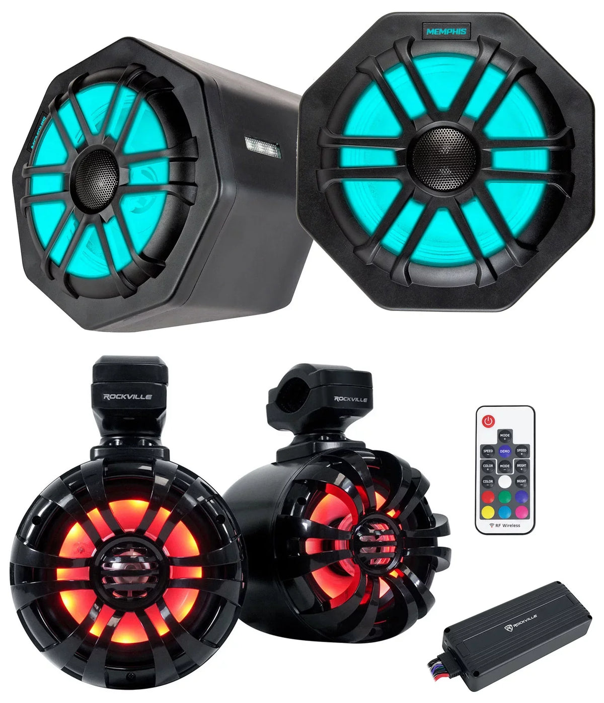 (2) Memphis Audio GEN65FE Pods+ Tower Speakers+Amp For 2016+ Polaris General