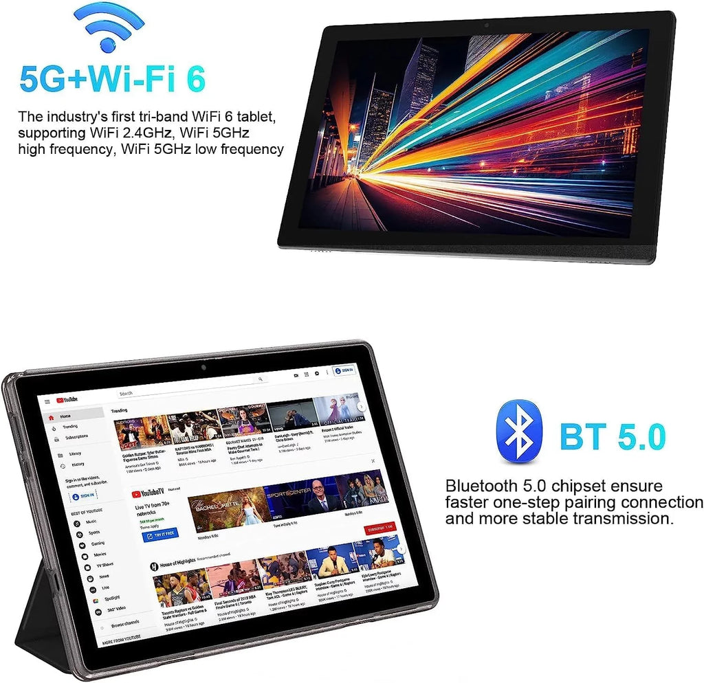 10 Inch Android 11 Tablet , 6GB  128GB /1TB Expandable Computer Tablets,  5G Wi-Fi 6 Quad Core Tableta,   Touch Screen, 8MP Camera, Google  Certified Tablets with Leather Case(Black)