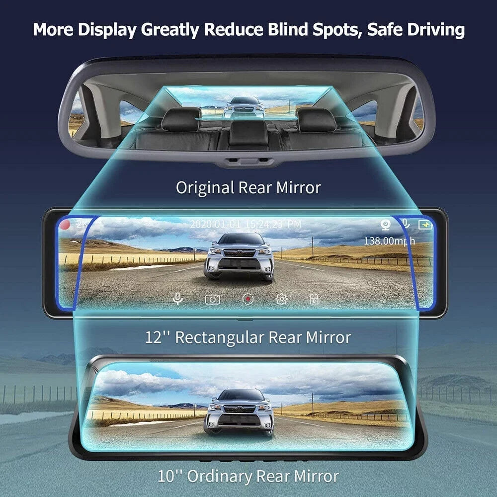 4K Car Mirror Dash Cam 12" Dual Camera Front and Rear Backup Camera Super Night Vision, Parking Monitoring, Reversing Assistance
