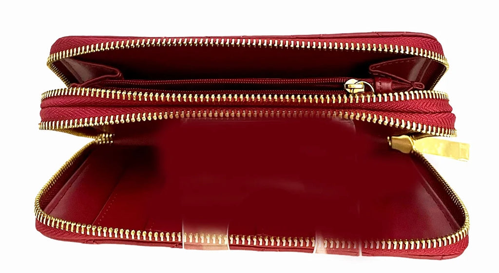 &  Leather  Quilted Wallet with 2 Wrap-Around Zippers  ~ Burgundy