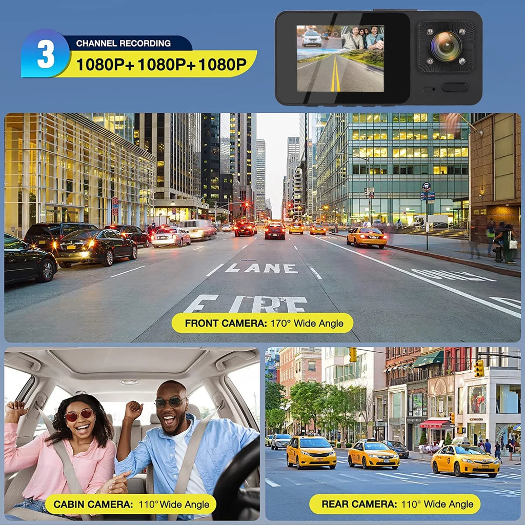 3 Channel Dash Cam,  1080P  Dash Backup Camera with Night Vision, G-Sensor, Parking Monitor, Loop Recording - Black