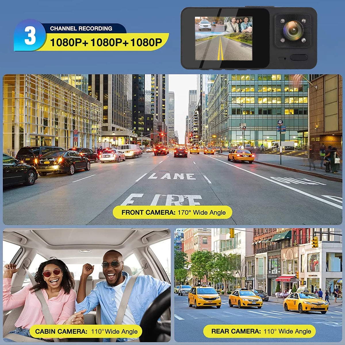 3 Channel Dash Cam,  1080P  Dash Backup Camera with Night Vision, G-Sensor, Parking Monitor, Loop Recording - Black