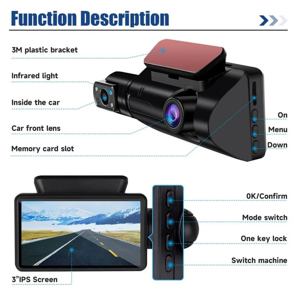 1080P Dash Cam Night Vision Dash Camera Front and Rear 170° Wide Angle Loop Recording