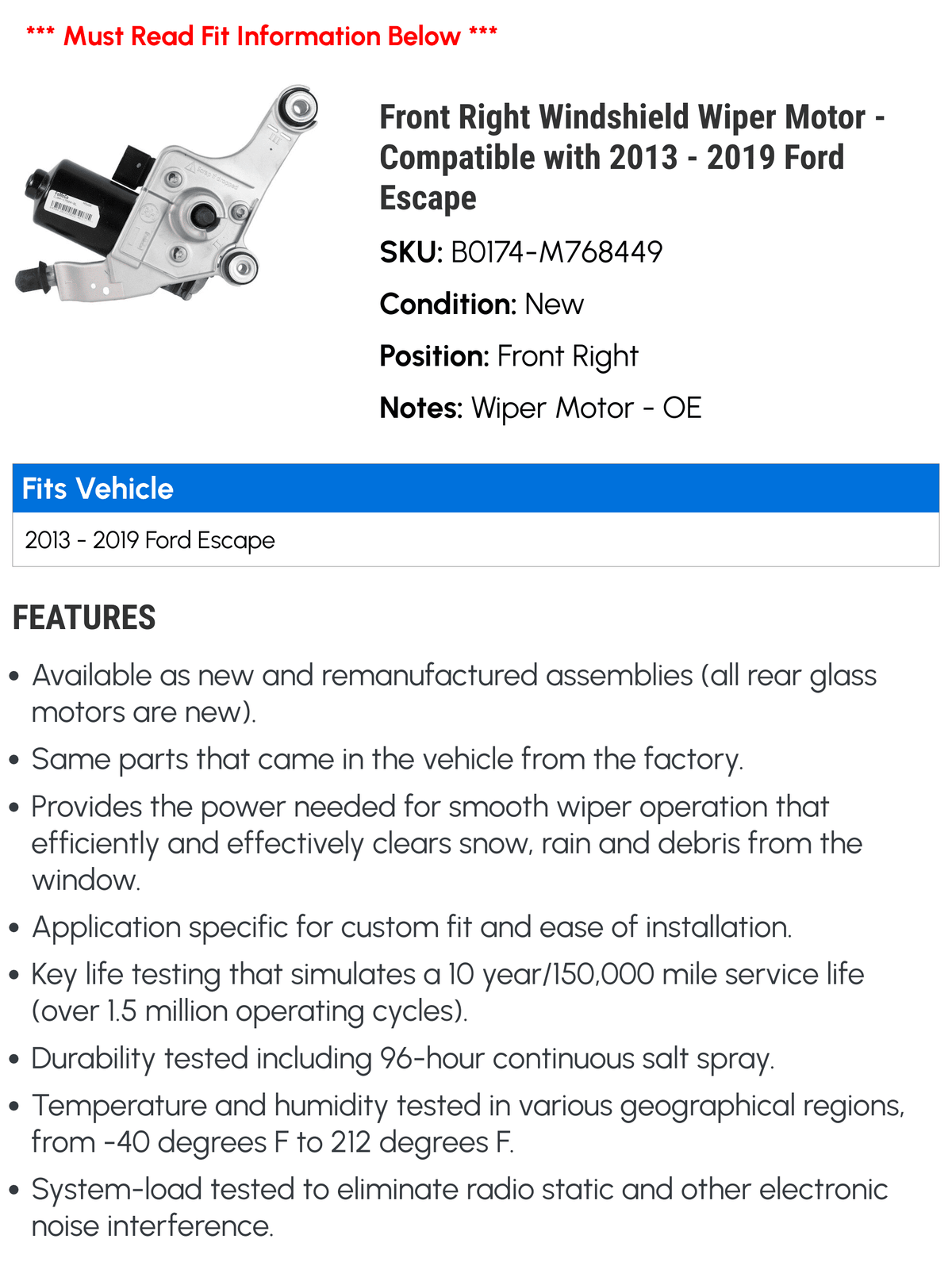 Front Right Windshield Wiper Motor - Compatible with 2013 - 2019 Ford Escape 2014 2015 2016 2017 2018