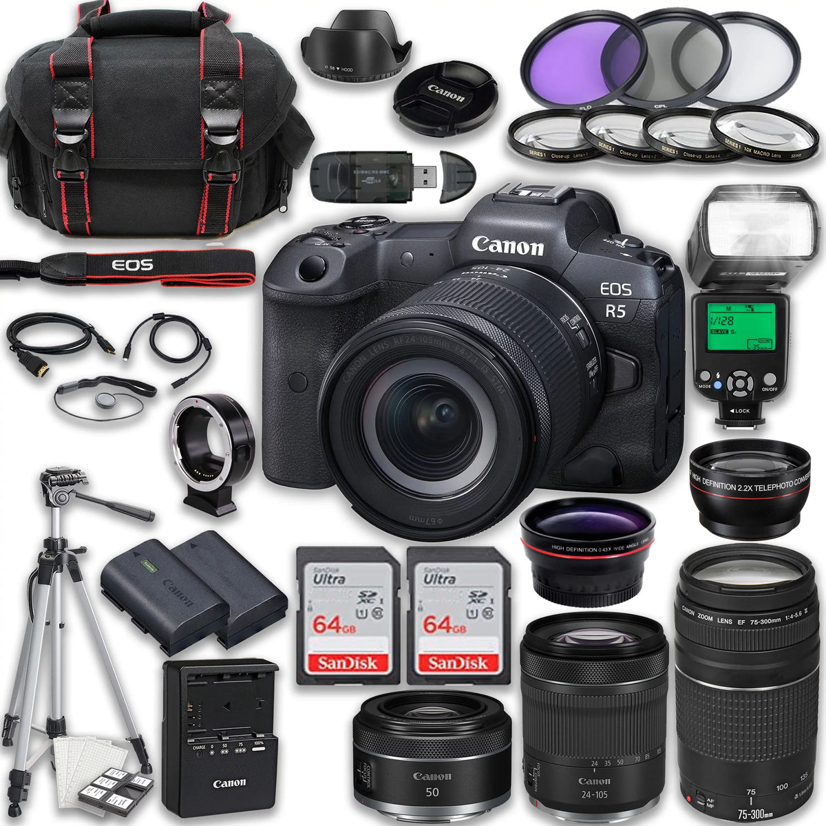 Canon  R5 Full Frame Mirrorless Camera with  24-105mm  & 75-300mm f/4-5.6  +  50mm f/1.8  Lenses + 128GB Memory Card + Accessories including:  Flash, Extra Battery, Tripod & More