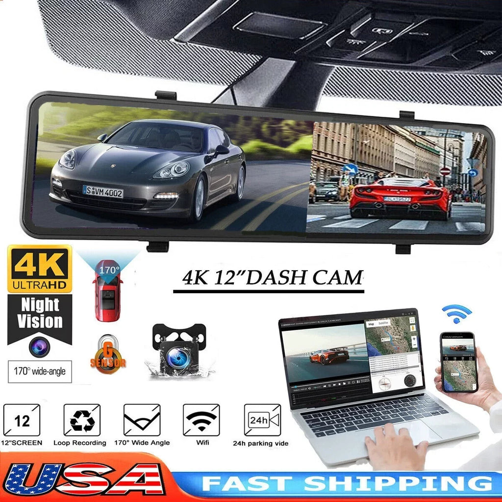 4K Car Mirror Dash Cam 12" Dual Camera Front and Rear Backup Camera Super Night Vision, Parking Monitoring, Reversing Assistance