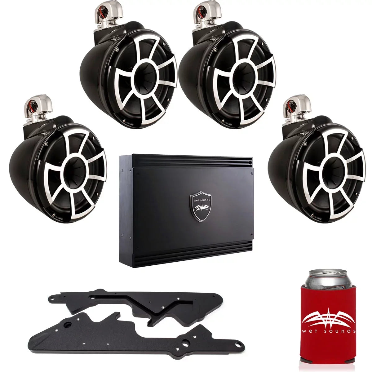 Wet Sounds For Malibu G3: Two Pairs of REV10B- 10" Black Swivel Tower Speakers with G3 Adapters & SD2 Amplifier