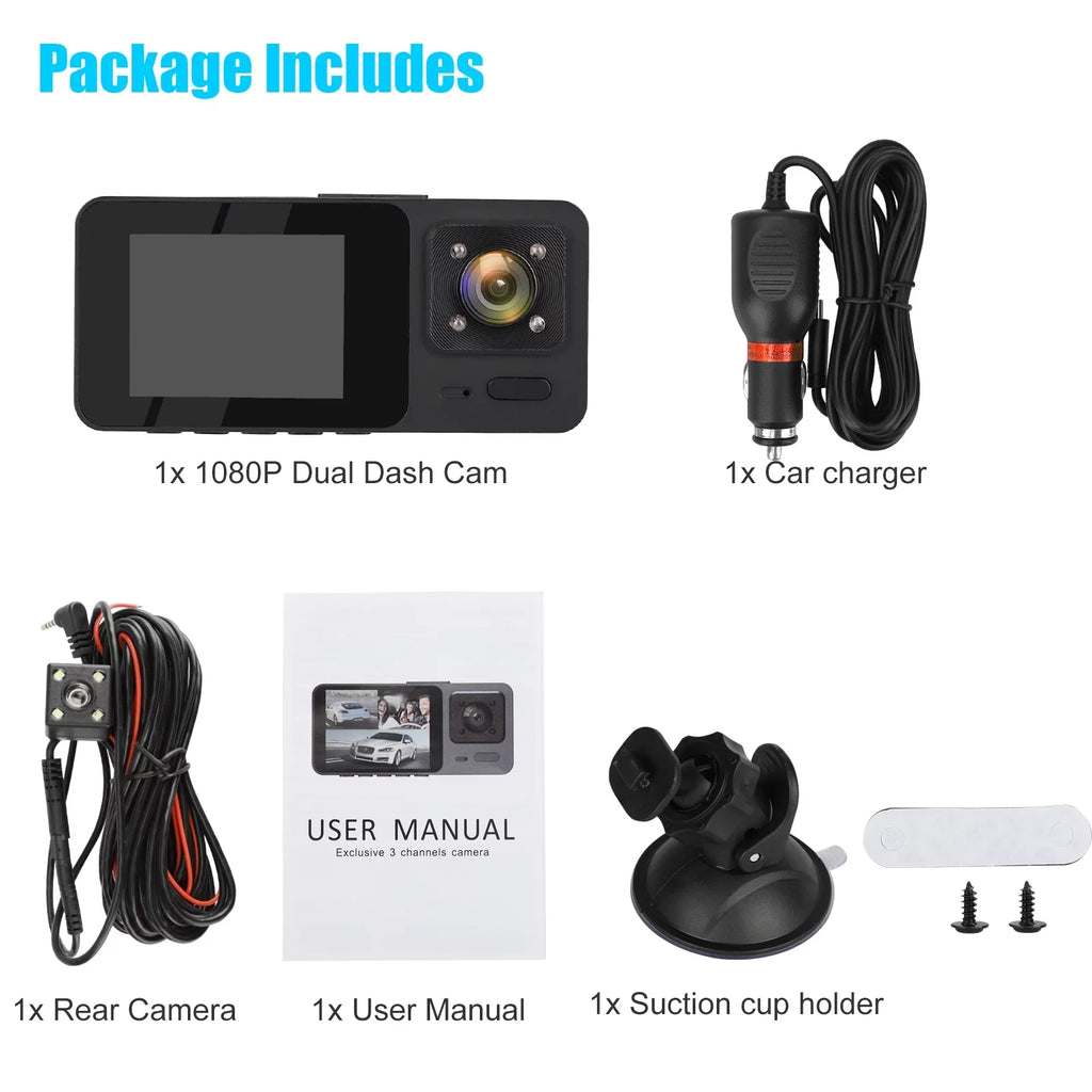 3 Channel Dash Cam,  1080P  Dash Backup Camera with Night Vision, G-Sensor, Parking Monitor, Loop Recording - Black