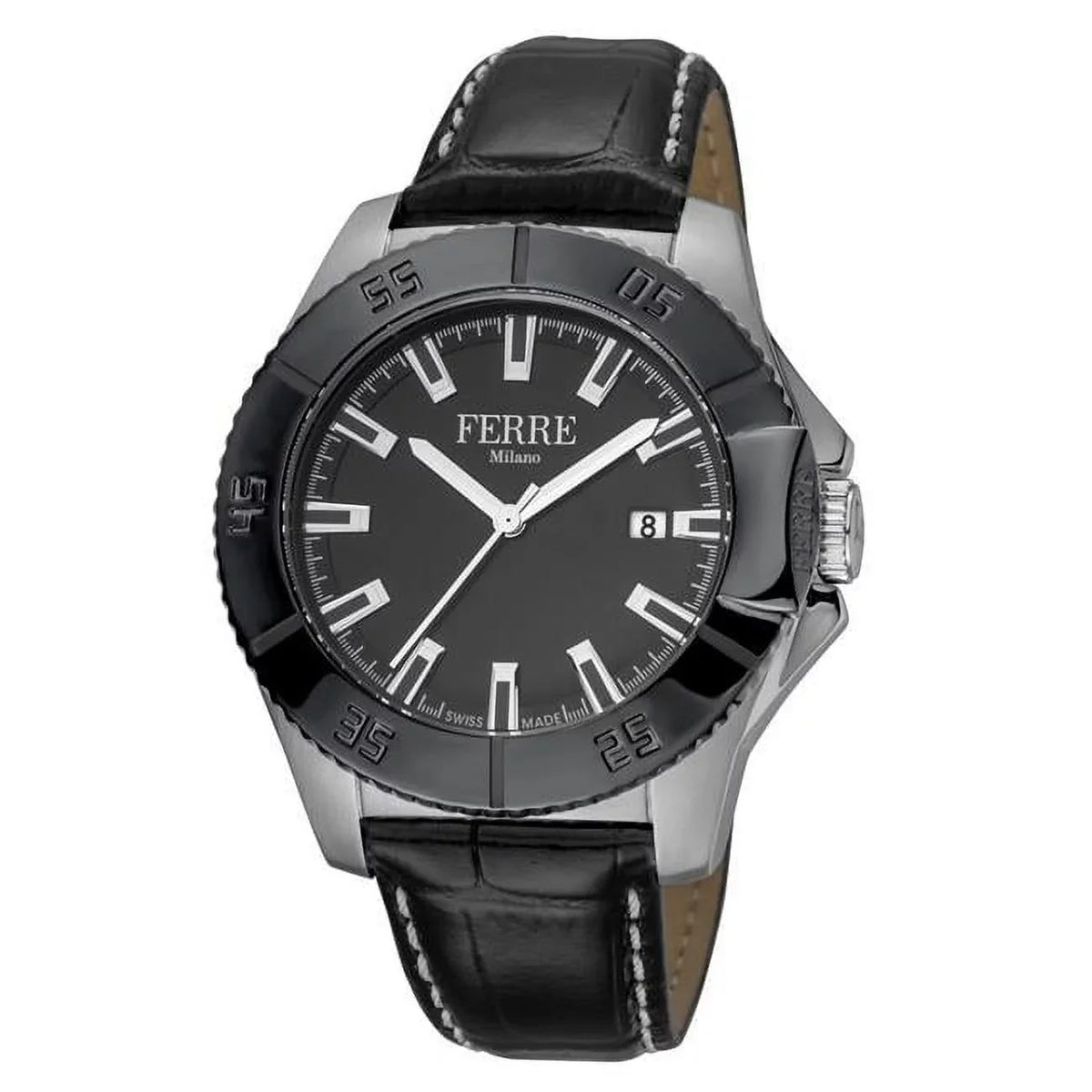 Mens Swiss Made Quartz Black Calfskin Leather Strap Watch with Black Dial
