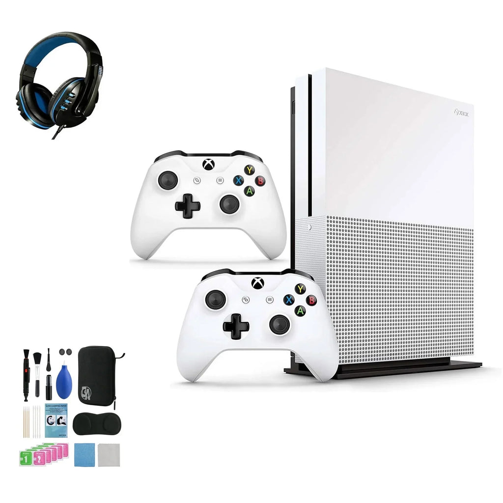 Pre-Owned Microsoft Xbox One S 1TB with 2 Controller, 4K Ultra  White with   Cleaning Kit Headset Bundle (Refurbished: Like New)