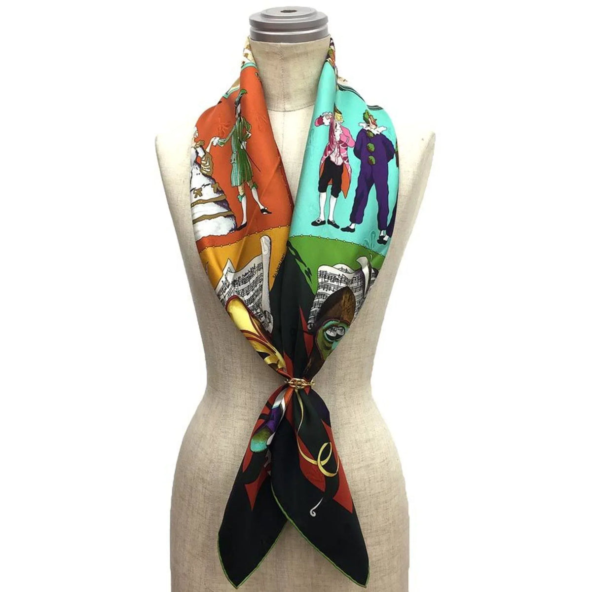 Pre-Owned  Carre 90 Scarf Muffler     Venice Carnival Moss Green x Orange Hermes Silk aq7392 (Like New)