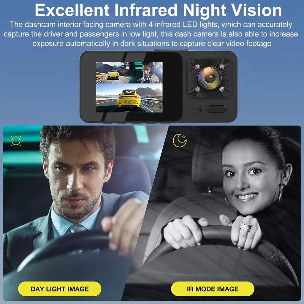3 Channel Dash Cam,  1080P  Dash Backup Camera with Night Vision, G-Sensor, Parking Monitor, Loop Recording - Black