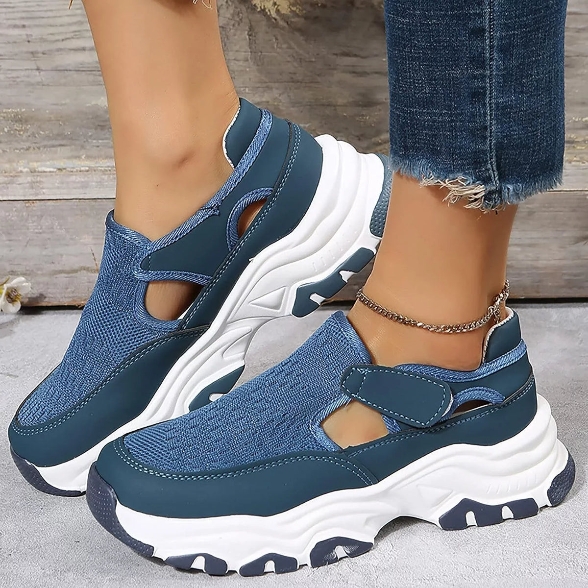 Women's Four Seasons Solid Color Non Slip Flat Round Toe Breathable Hook Loop Mesh Shoes Women Wedges