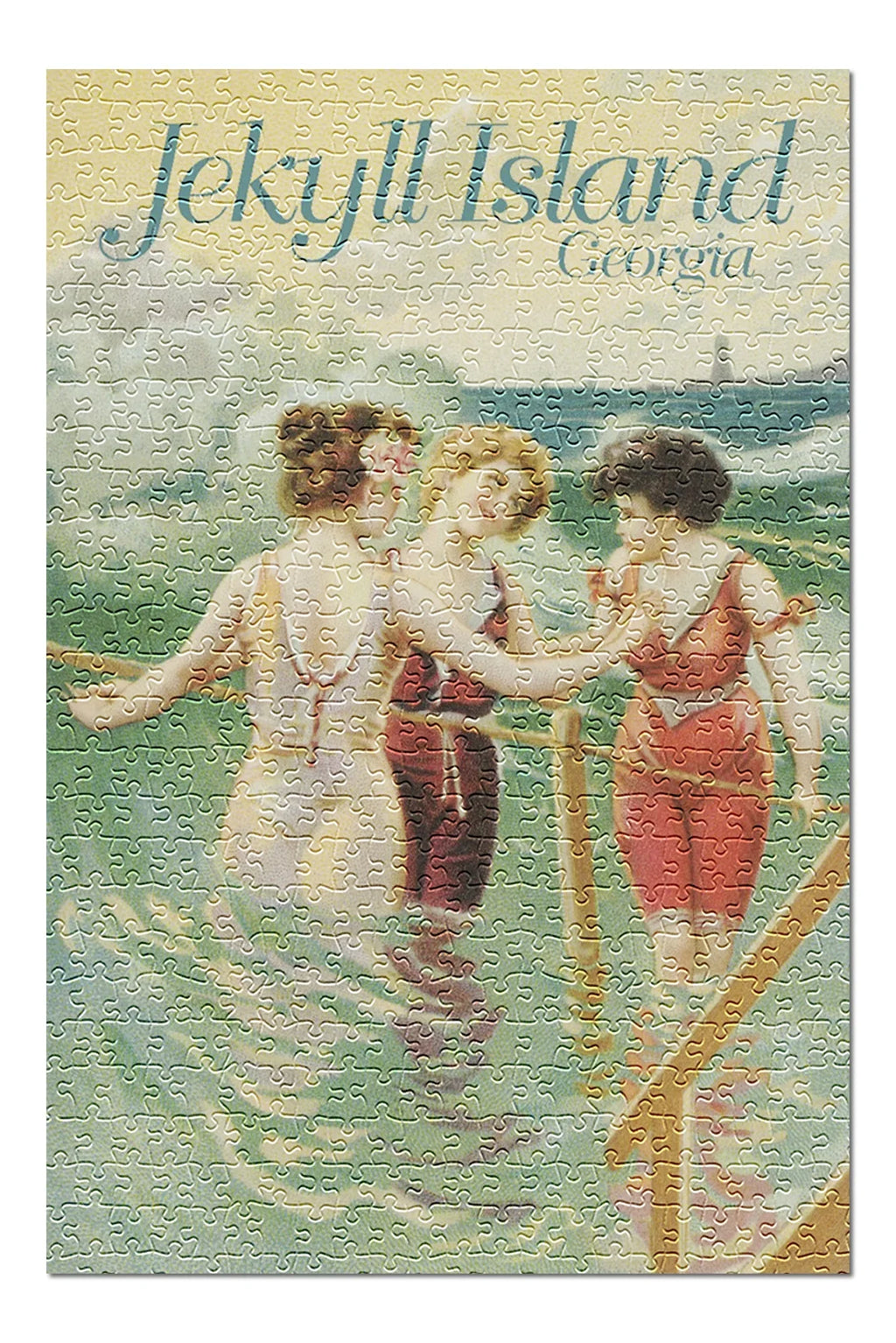 Jekyll Island, Georgia, Women in Wading on Beach, Vintage Poster (19x27 inches, Premium 500 Piece Jigsaw Puzzle for Adults and Family, Made in )
