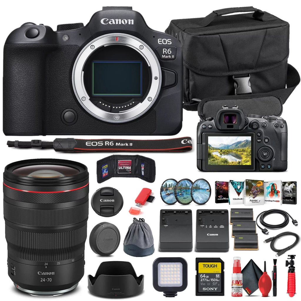 Canon  R6 Mark  Mirrorless Camera (5666C002) + Canon  24-70mm Lens + 64GB Memory Card + Case + Corel Photo Software + 2 x LPE6 Battery + External Charger + Card Reader + More